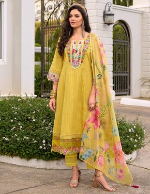 Yellow embroidered pure cotton kurta trouser dupatta set 3