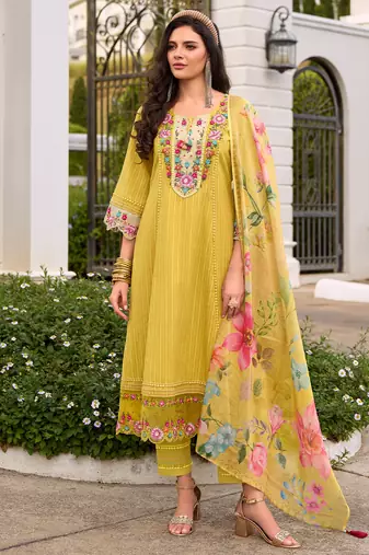 Yellow embroidered pure cotton kurta trouser dupatta set