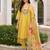 Yellow embroidered pure cotton kurta trouser dupatta set