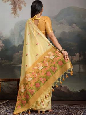 Yellow floral embroidered pure cotton designer muga saree 2
