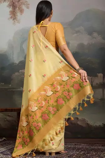 Yellow floral embroidered pure cotton designer muga saree