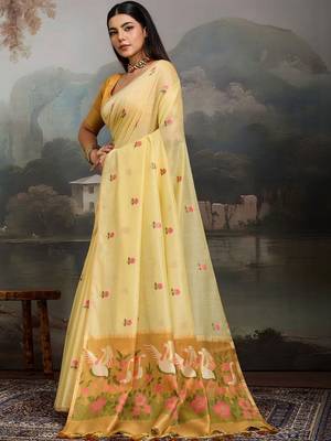 Yellow floral embroidered pure cotton designer muga saree 3