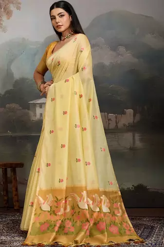 Yellow floral embroidered pure cotton designer muga saree