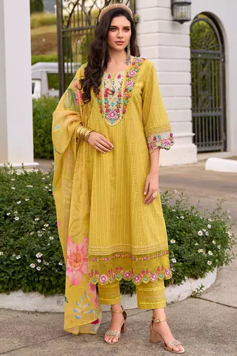 Yellow embroidered pure cotton kurta trouser dupatta set