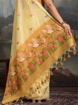 Yellow floral embroidered pure cotton designer muga saree 5