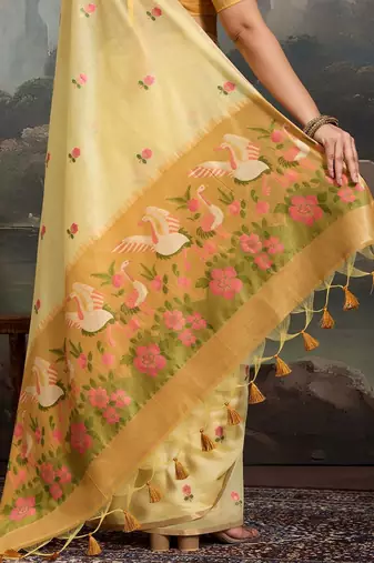 Yellow floral embroidered pure cotton designer muga saree