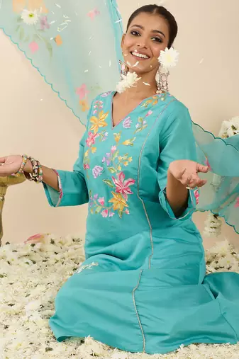 Sea green embroidered silk blend kurta trouser dupatta set