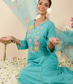 Sea green embroidered silk blend kurta trouser dupatta set