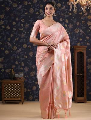Pink woven design linen banarasi saree 1