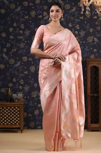 Pink woven design linen banarasi saree