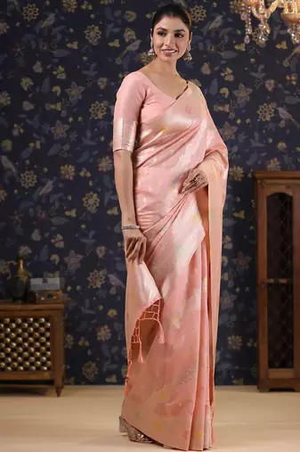 Pink woven design linen banarasi saree