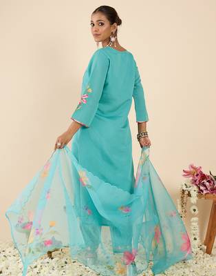 Sea green embroidered silk blend kurta trouser dupatta set 2