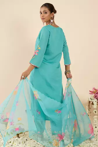 Sea green embroidered silk blend kurta trouser dupatta set