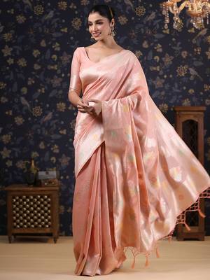 Pink woven design linen banarasi saree 3