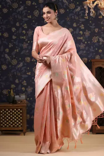 Pink woven design linen banarasi saree