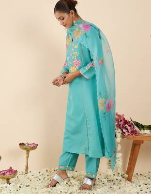 Sea green embroidered silk blend kurta trouser dupatta set 3