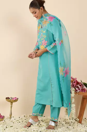 Sea green embroidered silk blend kurta trouser dupatta set