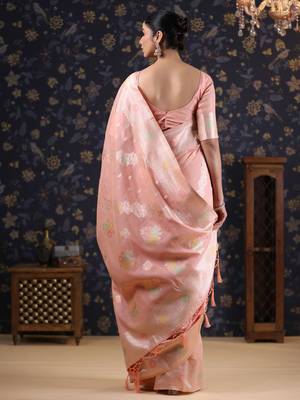 Pink woven design linen banarasi saree 4
