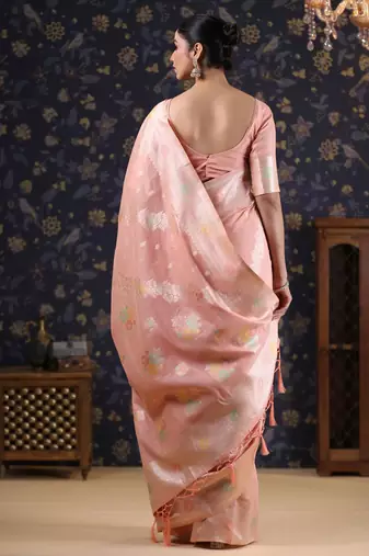 Pink woven design linen banarasi saree