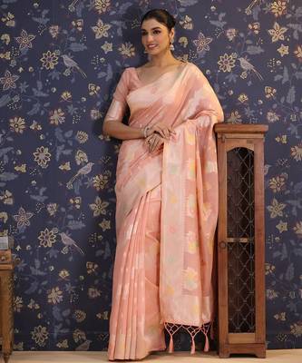 Pink woven design linen banarasi saree 5
