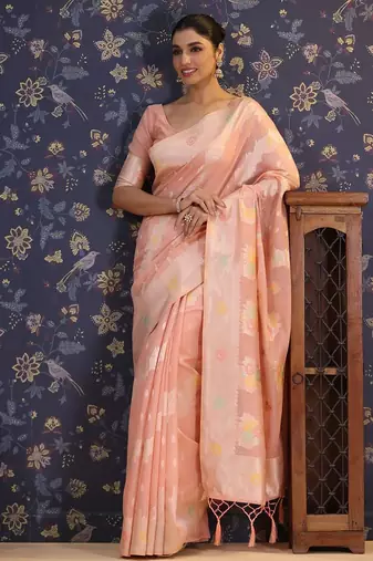 Pink woven design linen banarasi saree