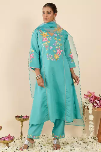 Sea green embroidered silk blend kurta trouser dupatta set