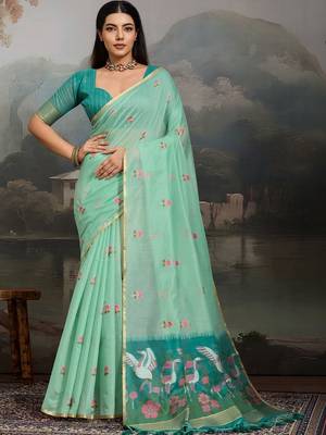 Sea green floral pure cotton designer muga saree 1