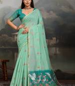 Sea green floral pure cotton designer muga saree