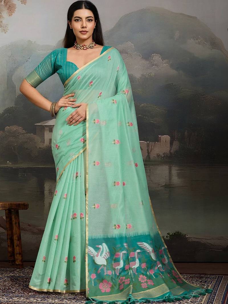 Sea green floral pure cotton designer muga saree