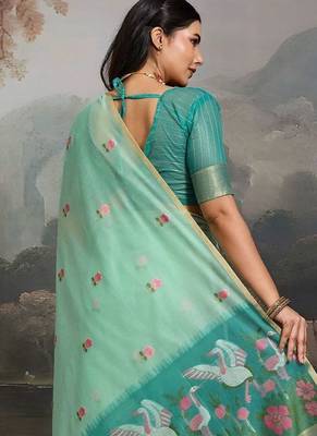 Sea green floral pure cotton designer muga saree 2