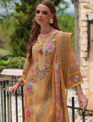 Yellow embroidered linen kurta trouser dupatta set 1