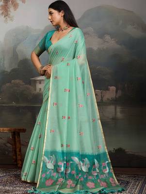 Sea green floral pure cotton designer muga saree 3