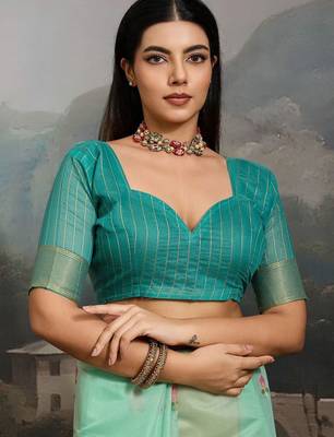 Sea green floral pure cotton designer muga saree 4
