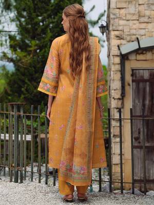 Yellow embroidered linen kurta trouser dupatta set 2