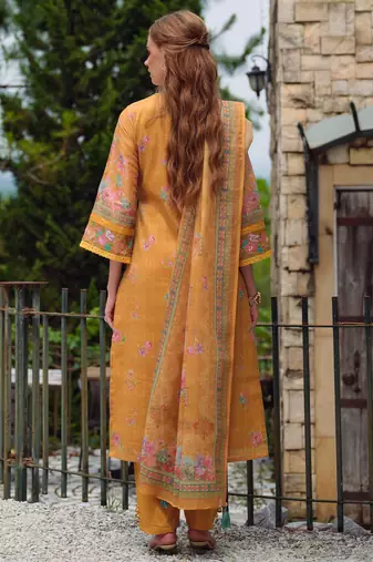Yellow embroidered linen kurta trouser dupatta set