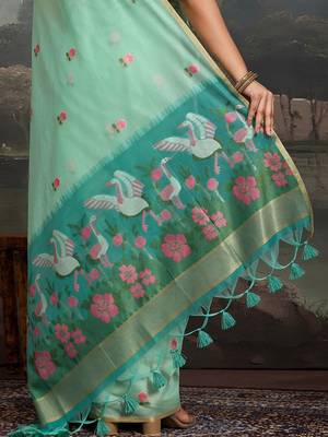 Sea green floral pure cotton designer muga saree 5