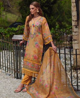 Yellow embroidered linen kurta trouser dupatta set 3