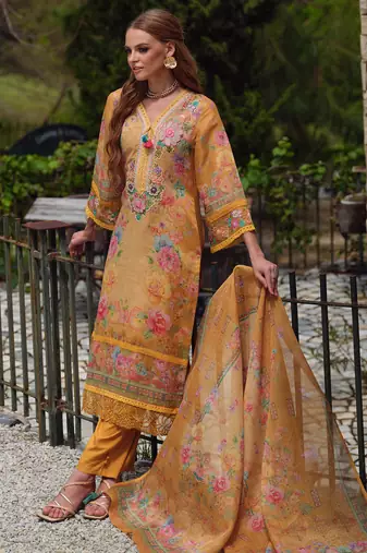 Yellow embroidered linen kurta trouser dupatta set