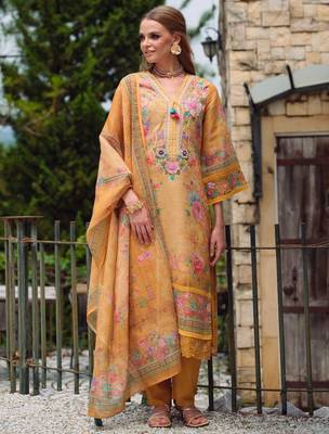 Yellow embroidered linen kurta trouser dupatta set 4