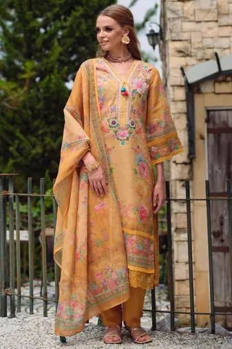 Yellow embroidered linen kurta trouser dupatta set
