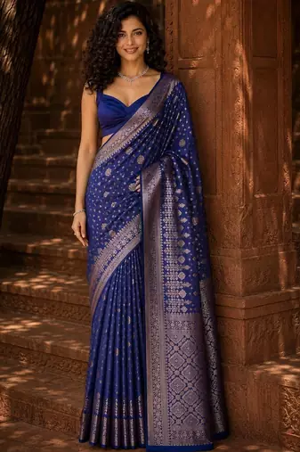 Blue ethnic motifs zari silk blend banarasi saree