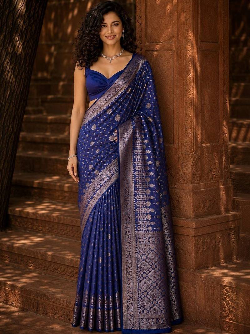 Blue ethnic motifs zari silk blend banarasi saree