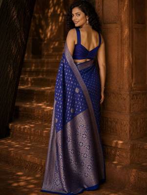 Blue ethnic motifs zari silk blend banarasi saree 2