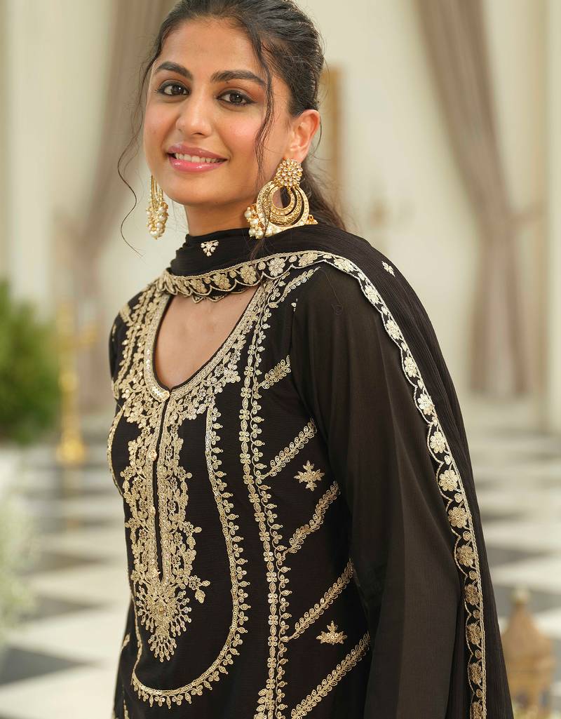 Black embroidered chinon kurta trouser dupatta set