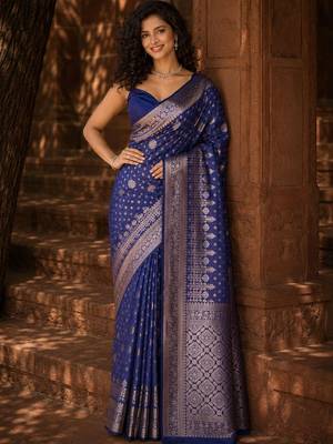Blue ethnic motifs zari silk blend banarasi saree 4