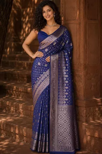 Blue ethnic motifs zari silk blend banarasi saree