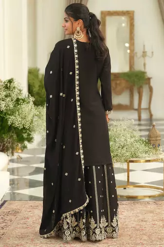 Black embroidered chinon kurta trouser dupatta set