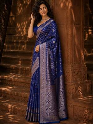 Blue ethnic motifs zari silk blend banarasi saree 5