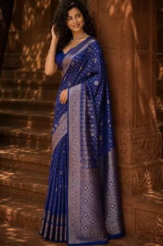 Blue ethnic motifs zari silk blend banarasi saree