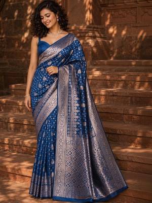 Blue woven design zari silk blend banarasi saree 1